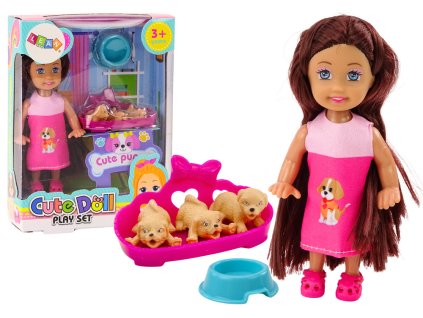Mini bábika dlhé vlasy šaty tri psíkové pelech