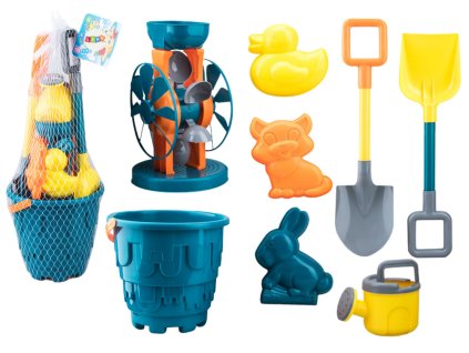Súprava hračiek na piesok kýblik mlynček lopatky formičky tyrkysová