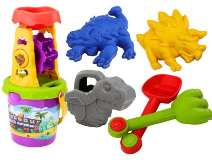 Sada na piesok dinosaurus mlynček lievik lopatka hrable kanvička formičky