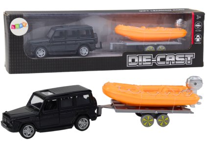 Terénne auto čierne s prívesom oranžový čln