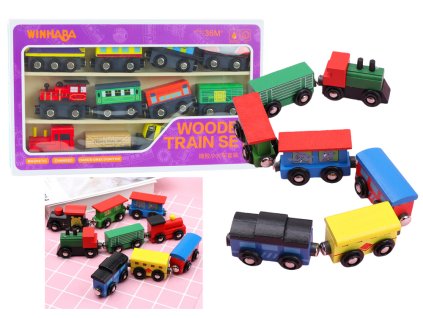 Drevená sada vláčikov a lokomotív na magnety 12 ks