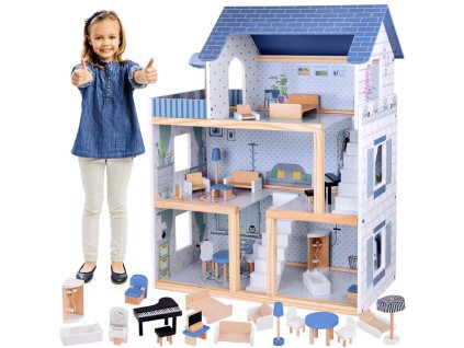 pol pl Drewniany blekitny domek dla lalek mebelki 3 pietra teras ZA5273 21264 12