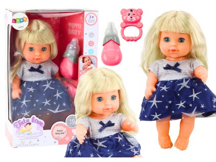 Bábika v tmavo modrých šatách s fľaštičkou, hrkálkou a zvuky cikajúce