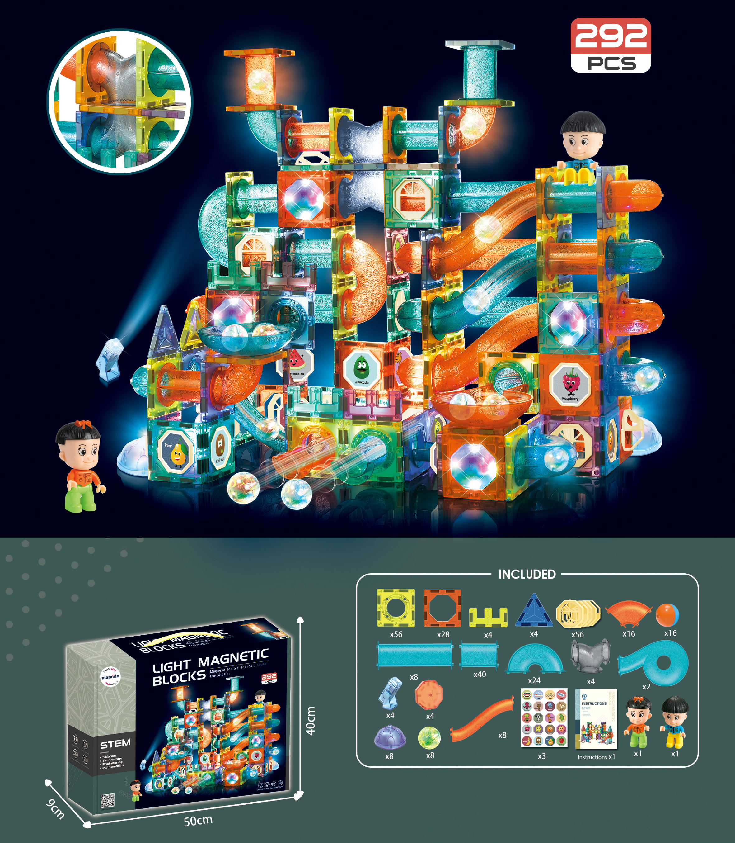 Mamido Mamido Magnetická svietiaca stavebnica guľôčková dráha 292 dielov Maxi XXL