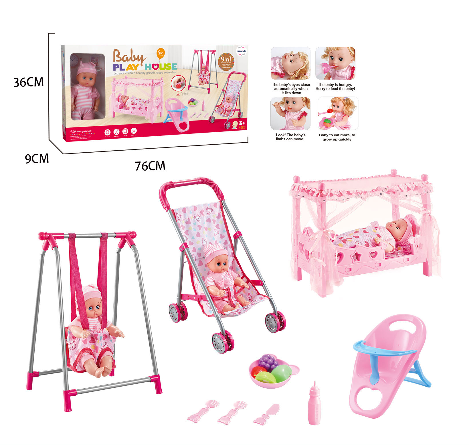 Mamido Mamido Detská súprava pre bábiku 9v1 - bábika, kočík, postieľka, stolička, hojdačka a doplnky