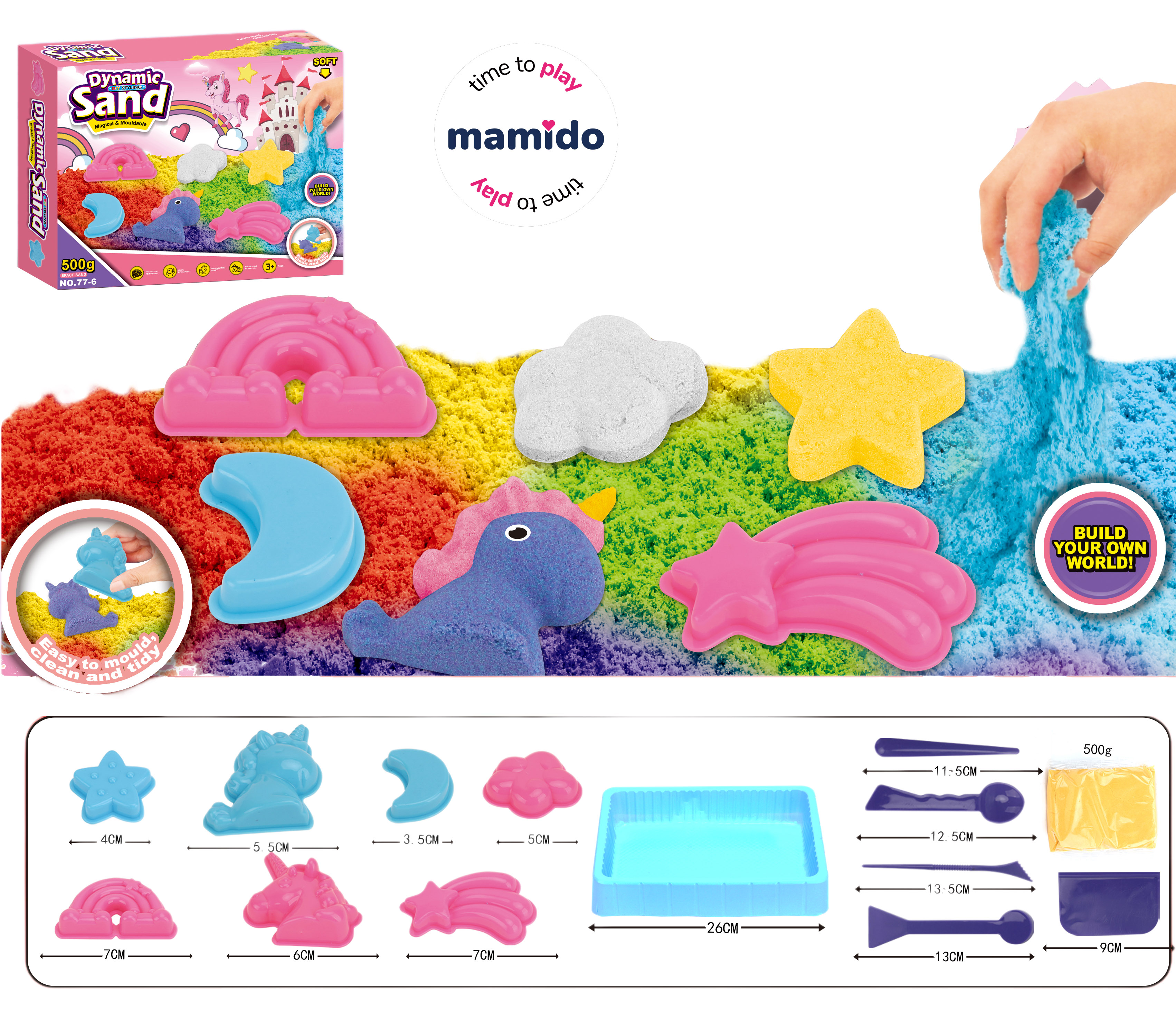 Mamido Mamido Sada kinetického piesku 500 g s formičkami a podložkou - jednorožce