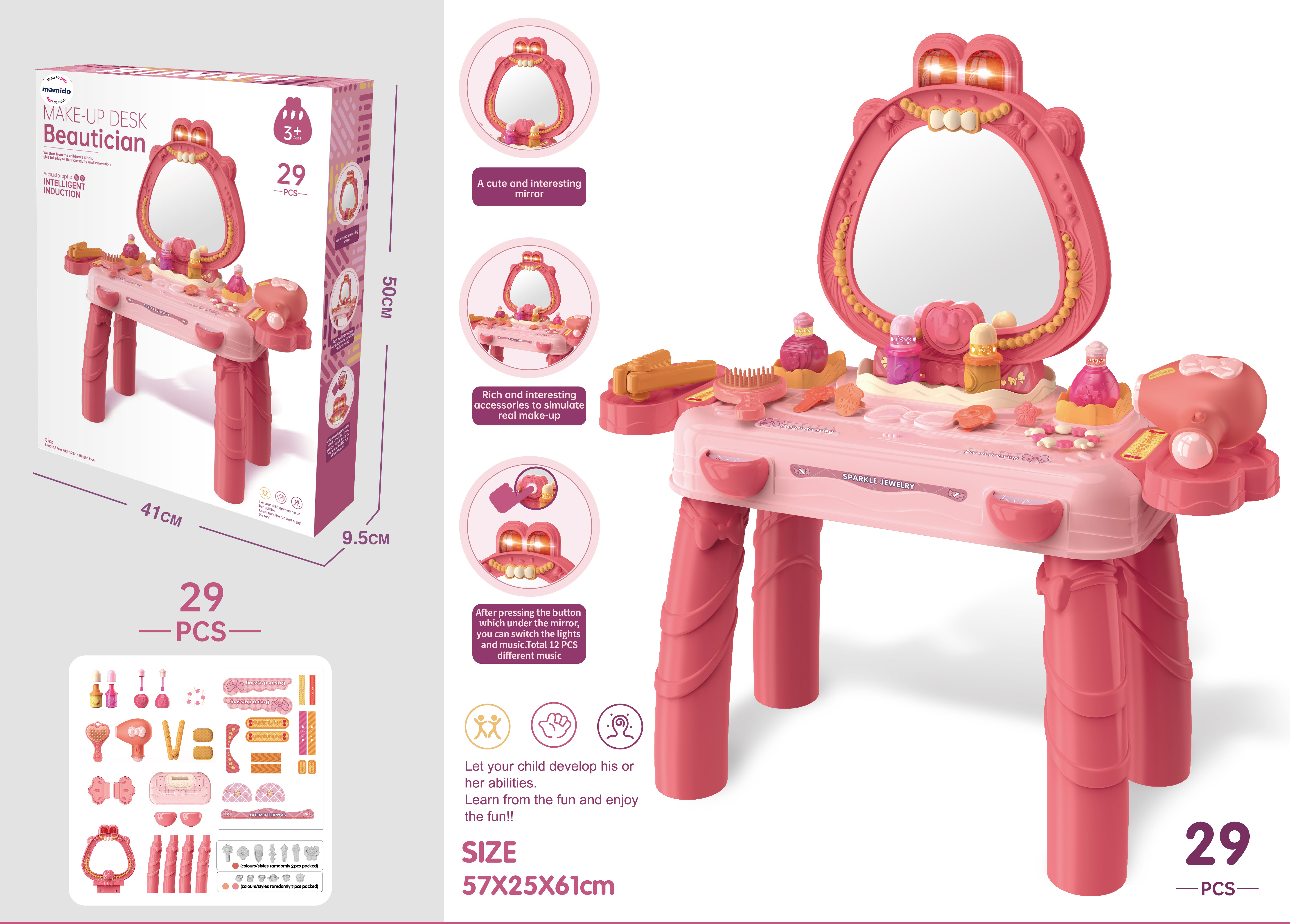 Mamido Mamido Detský kozmetický stolík s príslušenstvom 29ks svetlami