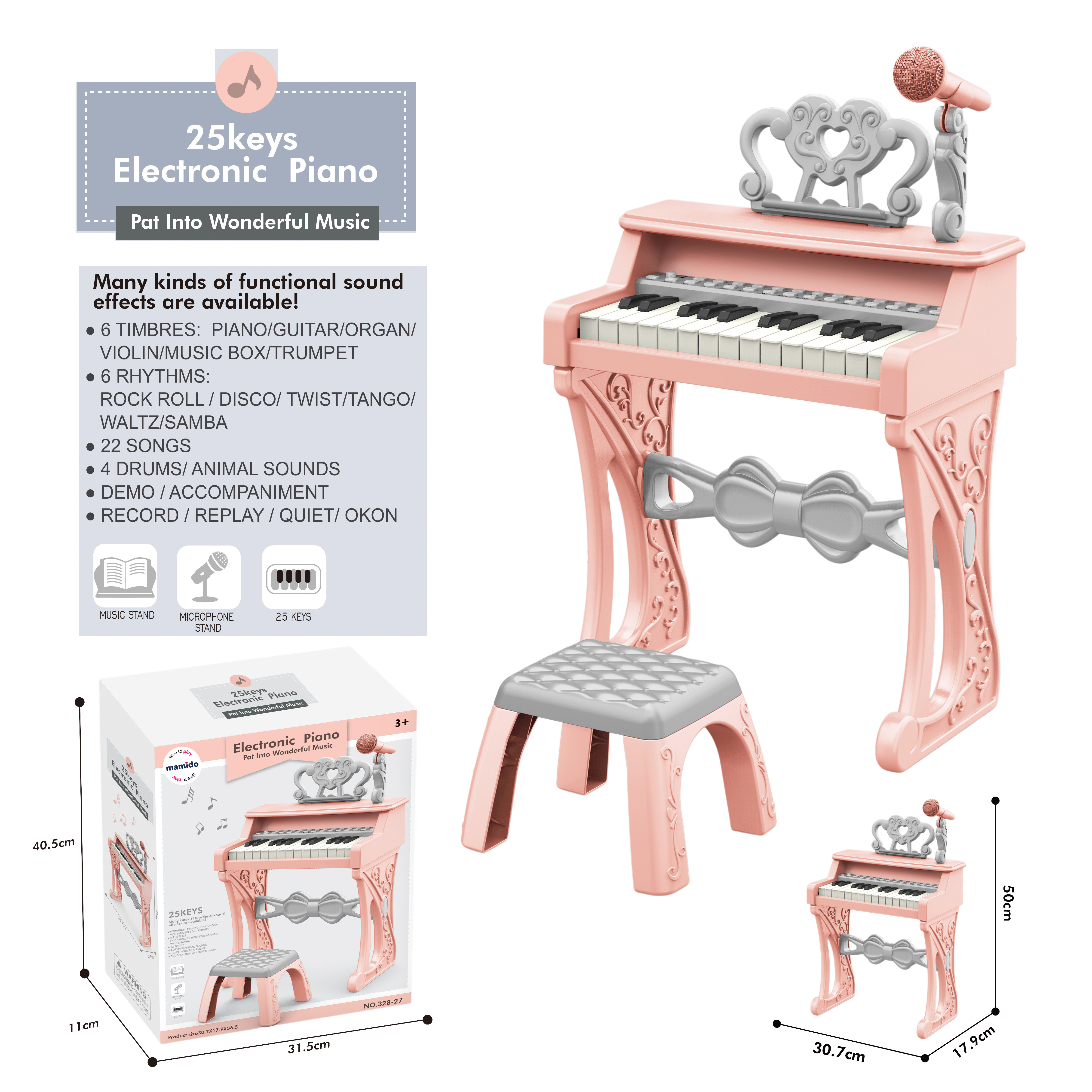 Mamido Mamido Detské elektrické piano so stoličkou a mikrofónom 25 kláves ružové