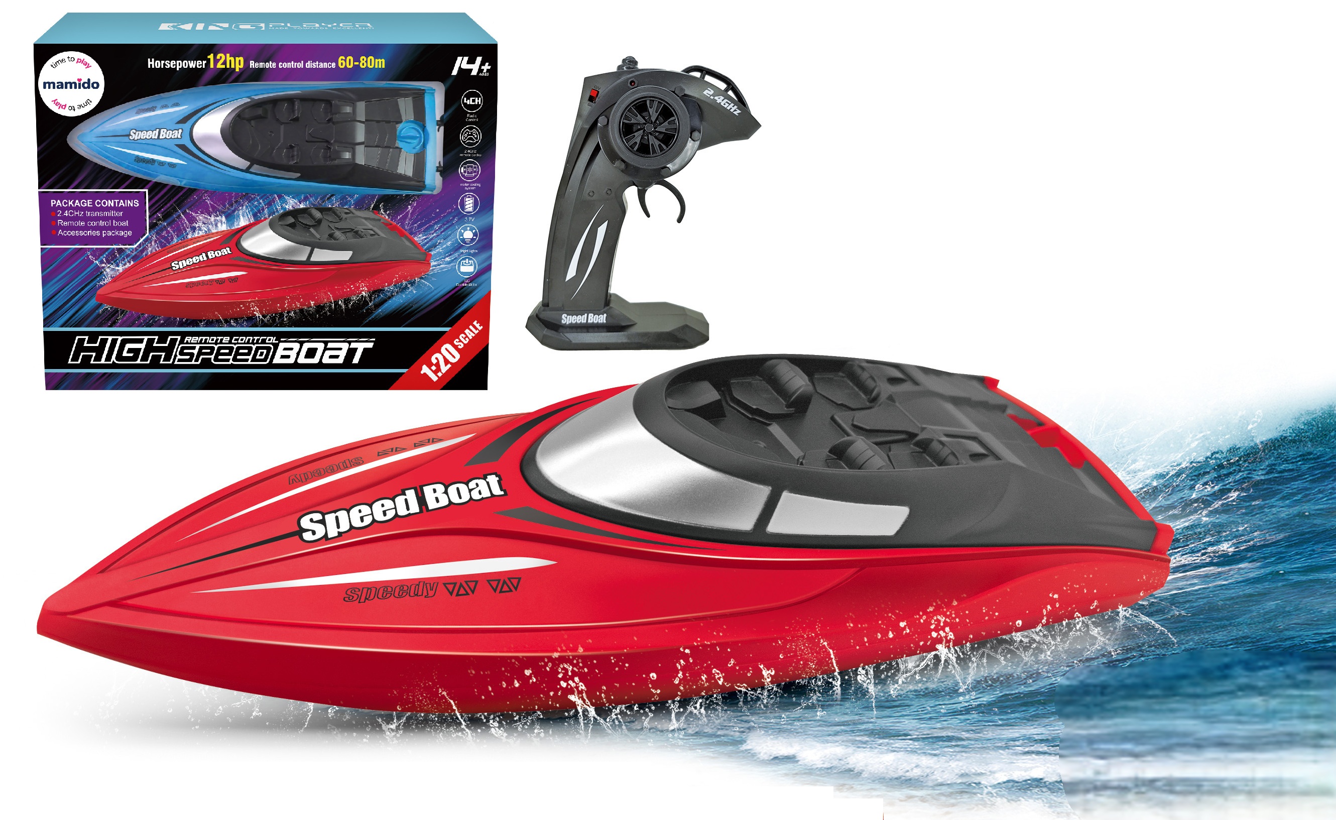 Mamido Mamido Loď na diaľkové ovládanie High Speed Boat červená, 12HP, 80 m