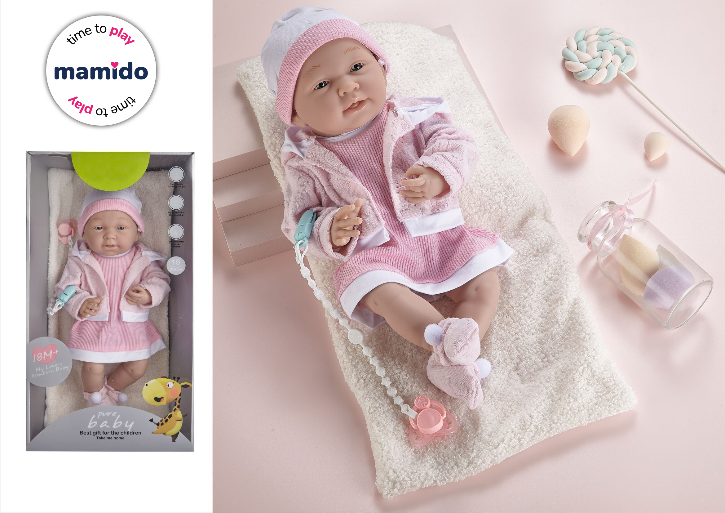 Mamido Mamido Bábika bábätko v ružovom svetri s cumlíkom 35 cm