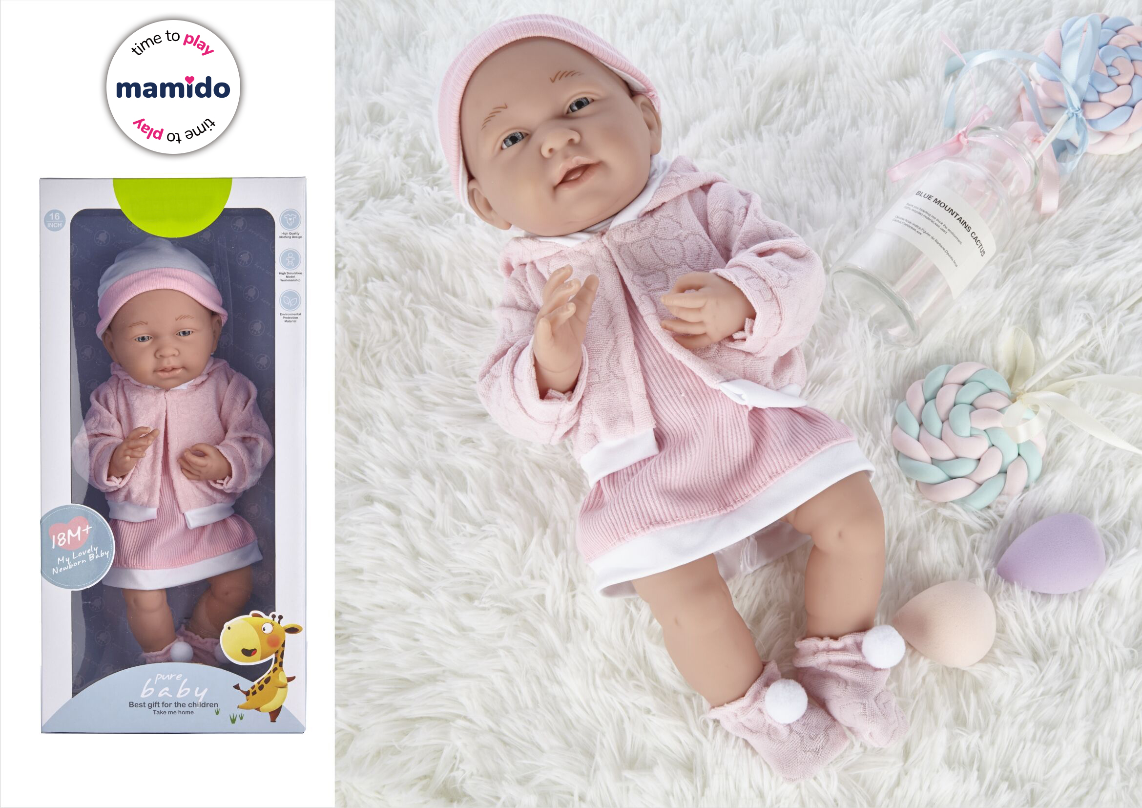 Mamido Mamido Bábika v ružových šatách s čiapočkou 35 cm MT1102