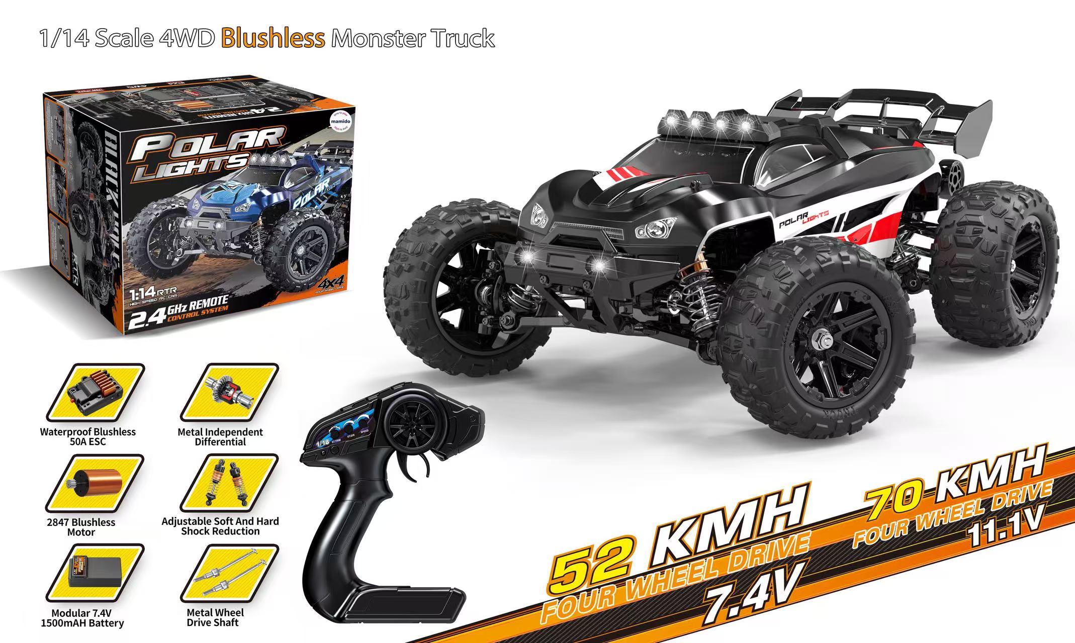 Mamido Mamido Terénne autíčko na diaľkové ovládanie Polar lights čierne 1:14, rýchlosť 52 km/h, 4x4