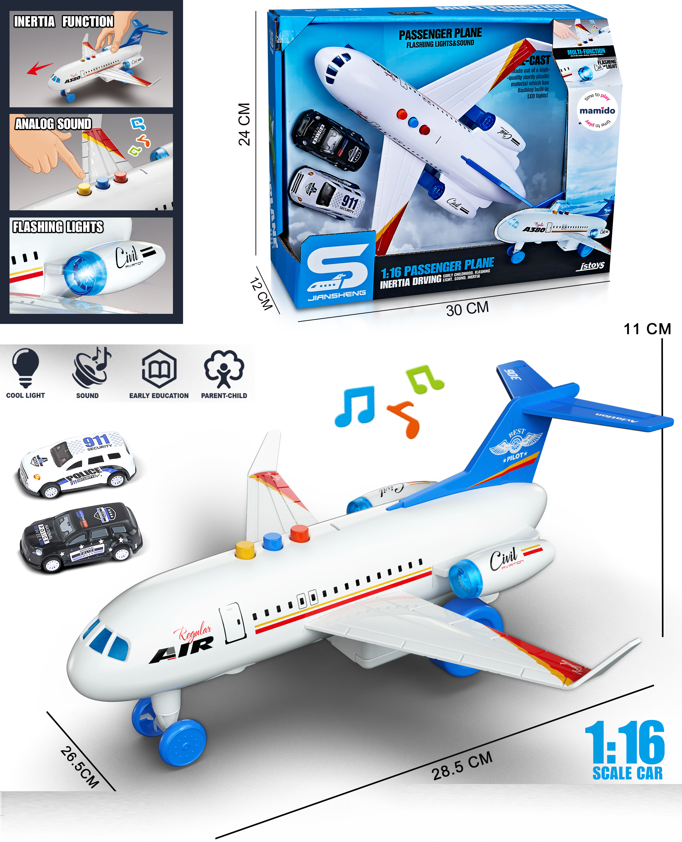 Mamido Mamido Lietadlo 1:16 svetelné a zvukové efekty biele + 2 autíčka MT1288