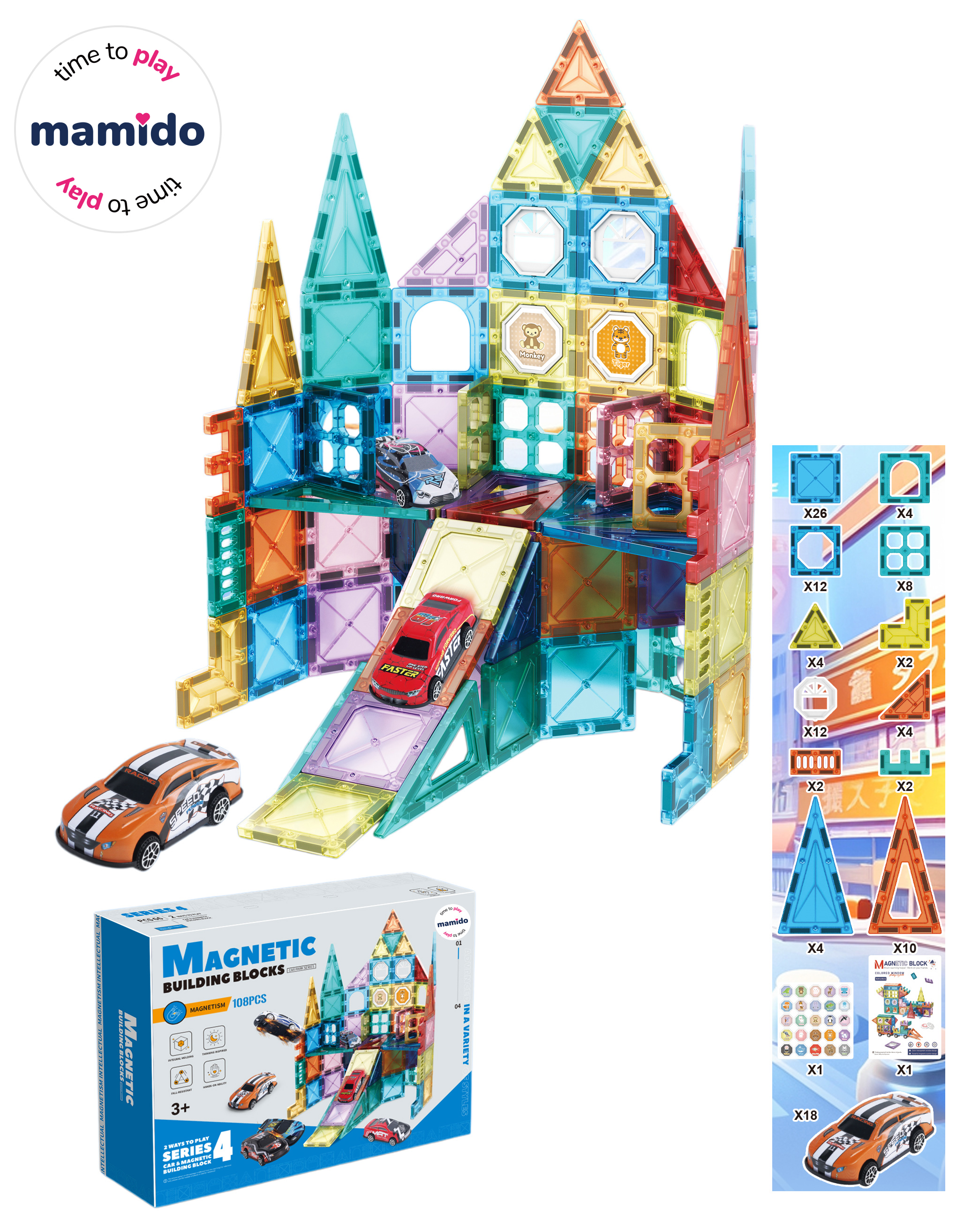 Mamido Mamido Magnetická stavebnica Car park 108 dielikov, 2 autíčka