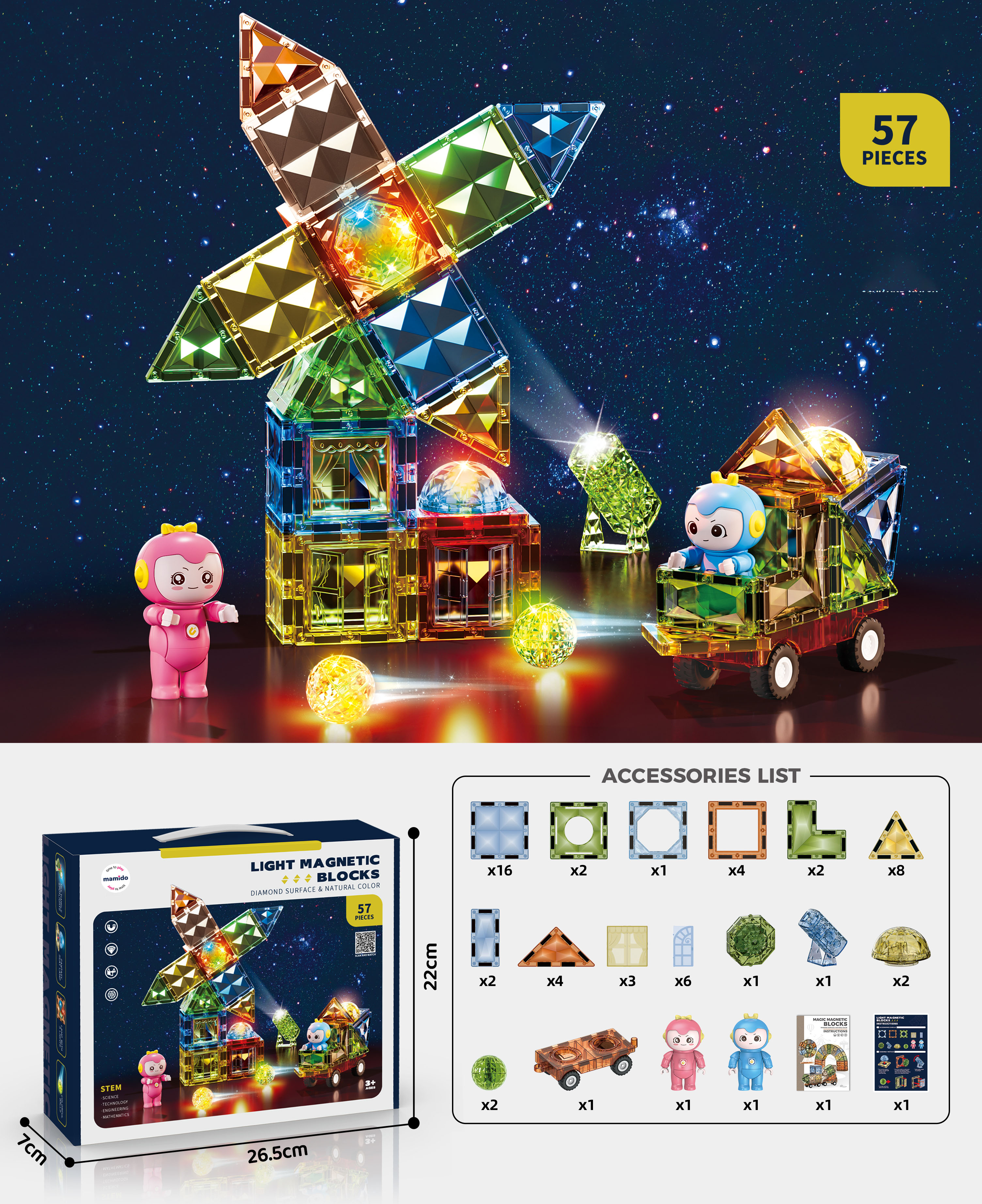 Mamido Mamido Magnetická svietivá stavebnica 57 dielov Diamond Surface