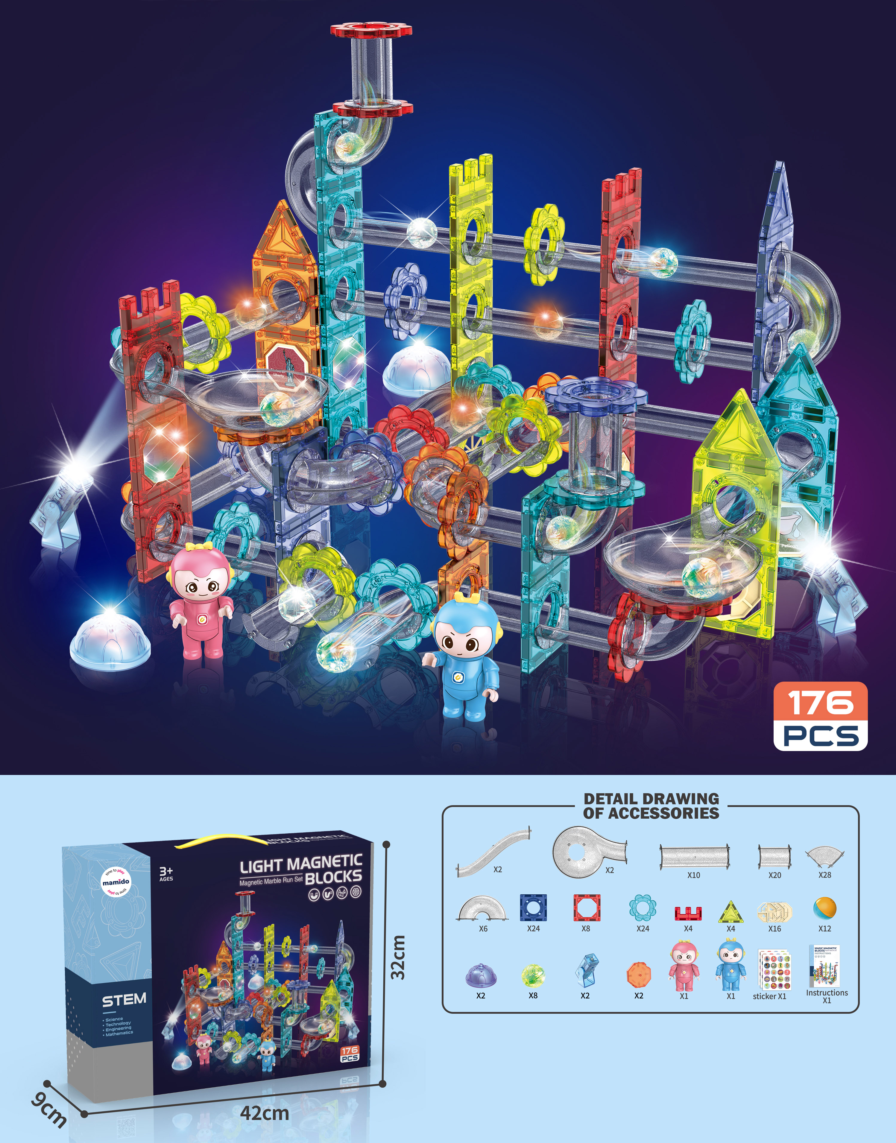 Mamido Mamido Magnetická svietiaca stavebnica guľôčková dráha 176 dielov XL