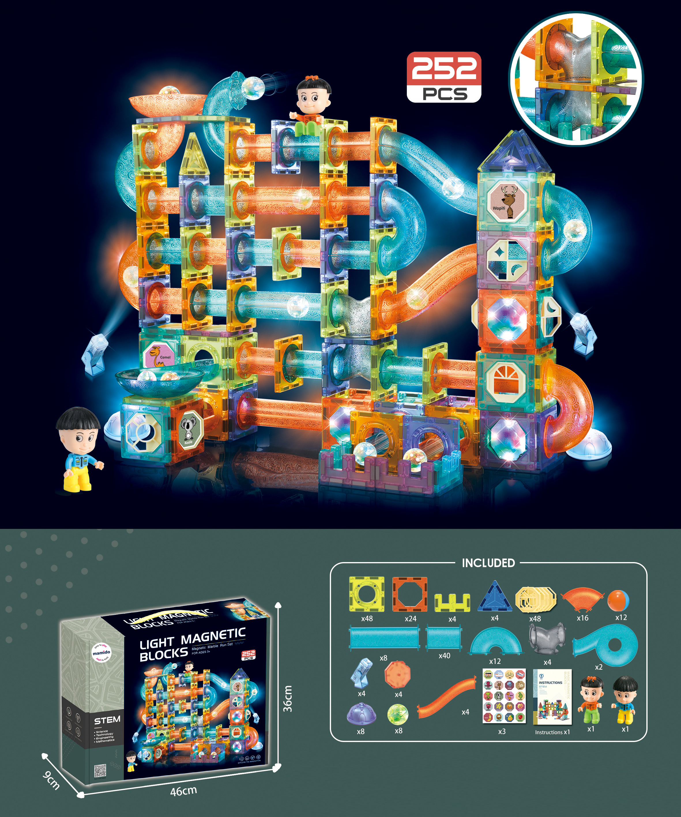 Mamido Mamido Magnetická svietiaca stavebnica guľôčková dráha 252 dielikov XXL