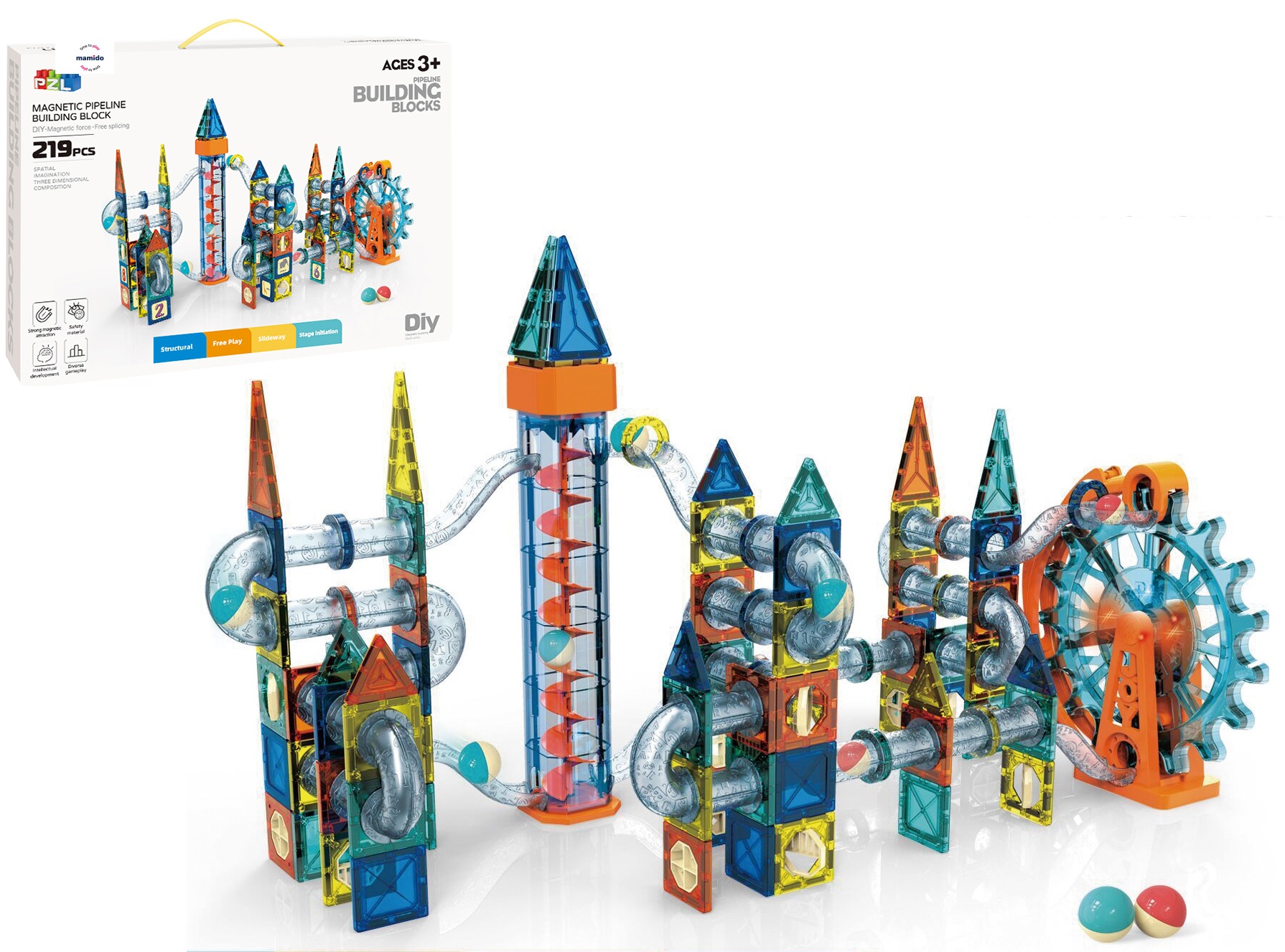 Mamido Mamido Veľká magnetická stavebnica XXL 219 dielikov Guličková dráha s elektrickým výťahom