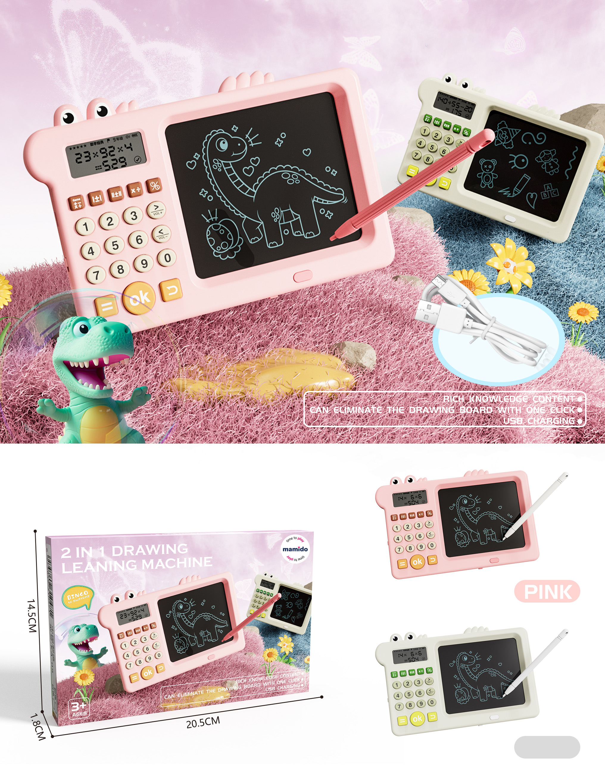 Mamido Mamido Detský písací tablet s kalkulačkou 2v1 dinosaurus