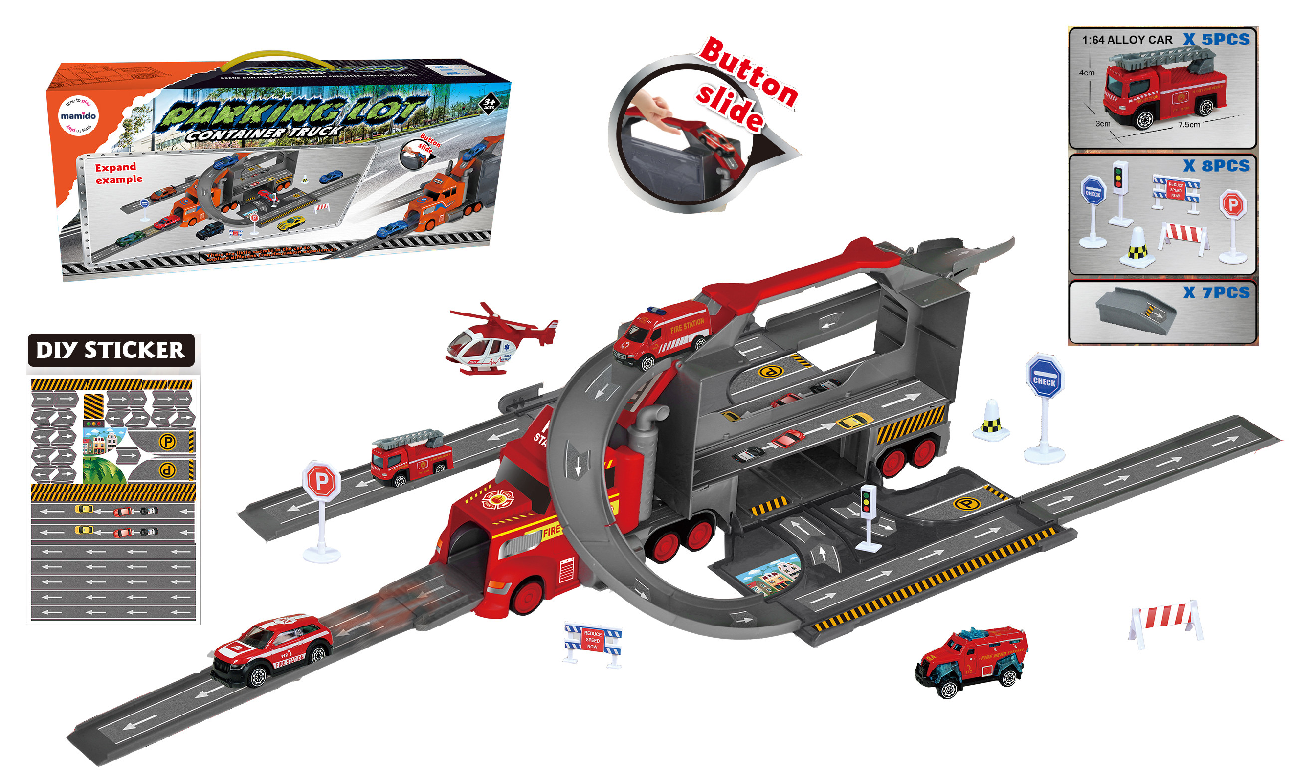 Mamido Mamido Veľký hasičský kamión s parkoviskom a dráhou 1:64