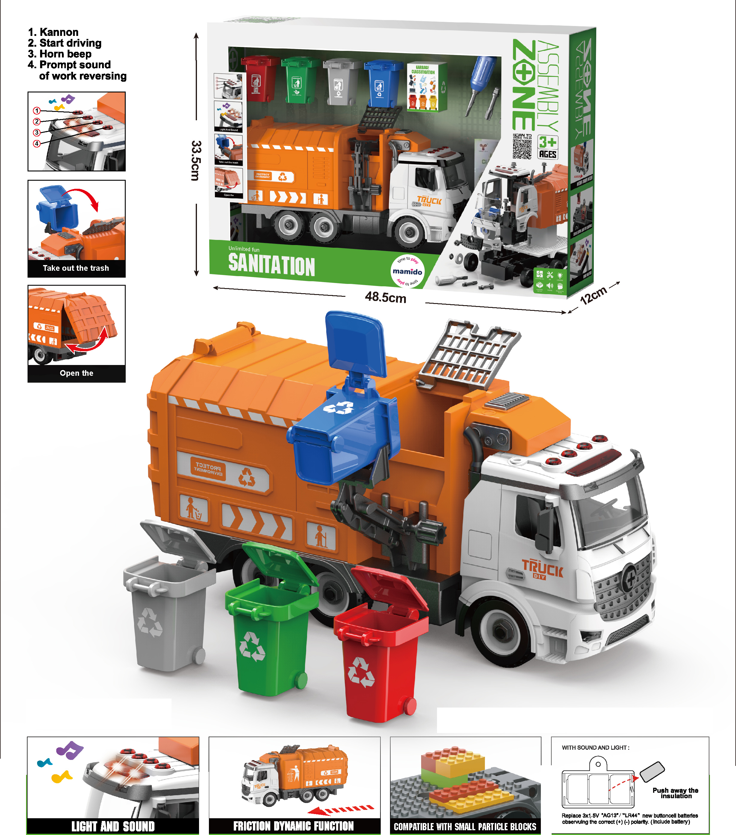 Mamido Mamido Veľké multifunkčné kovové smetiarske auto s farebnými kontajnermi MT1559