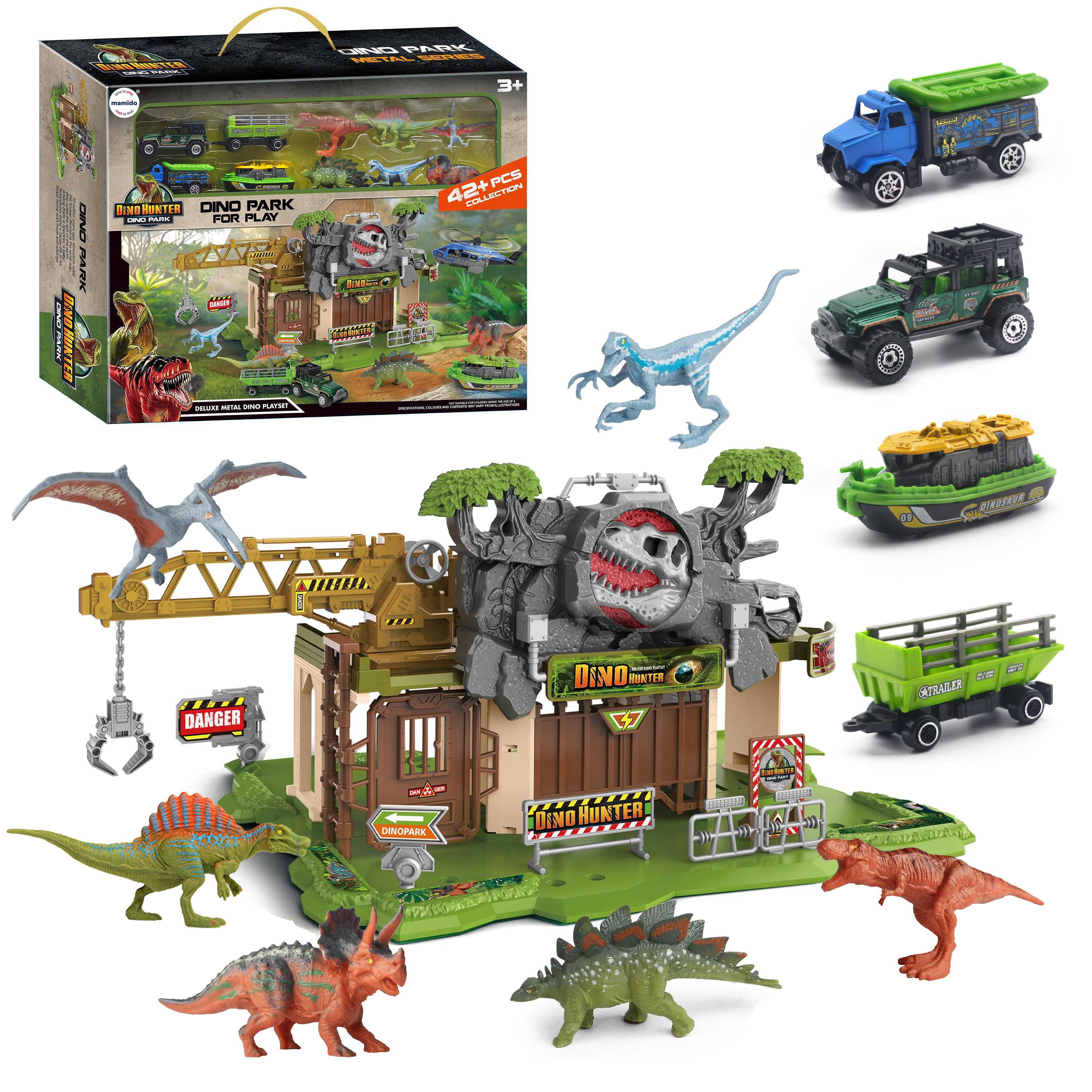 Mamido Mamido Garáž s dinosaurami a kovovými autíčkami 42 ks MT1443