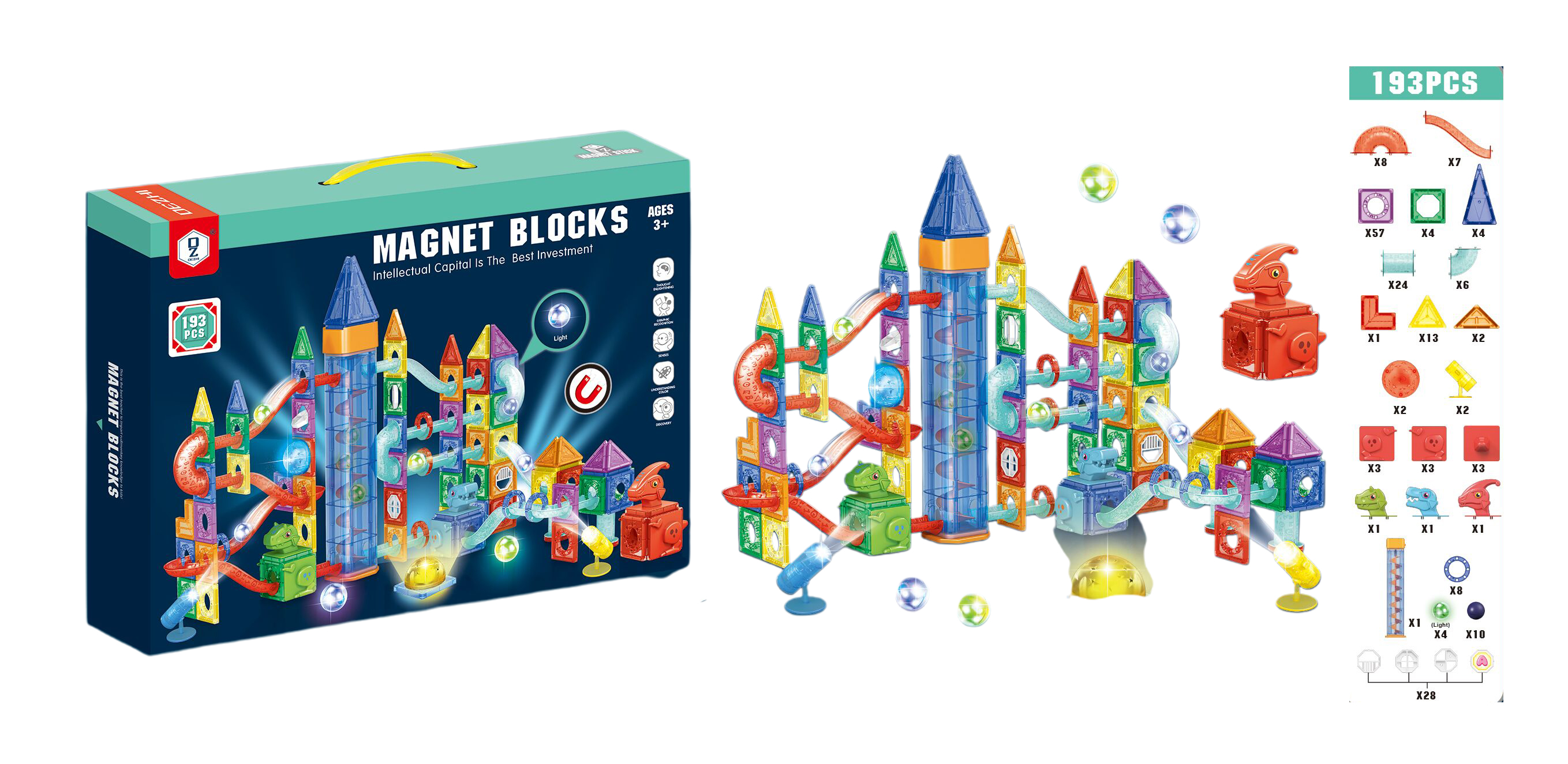 Mamido Mamido Magnetická svietiaca stavebnica guľôčková dráha 193 dielov XXL MT1160