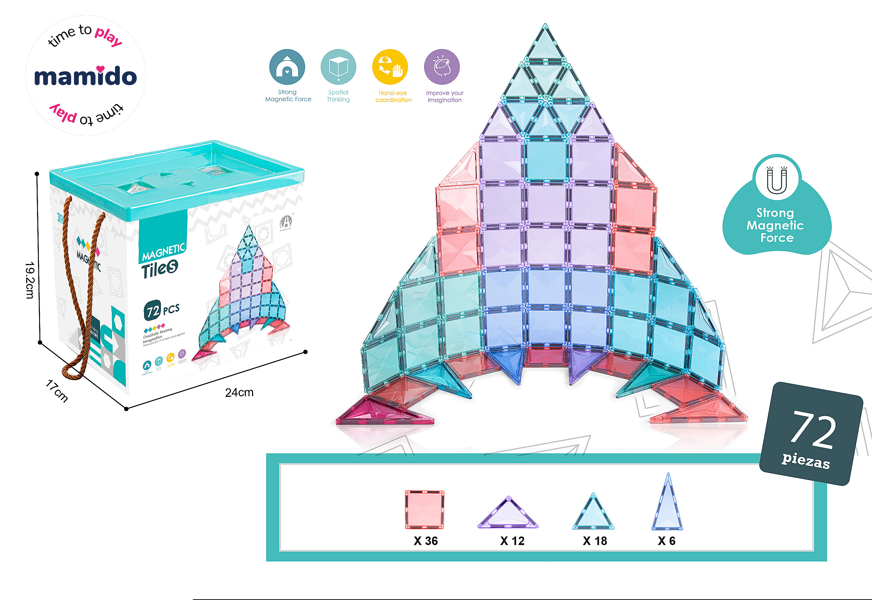 Mamido Mamido Farebná magnetická stavebnica 72 dielikov v boxe Pyramída MT1222