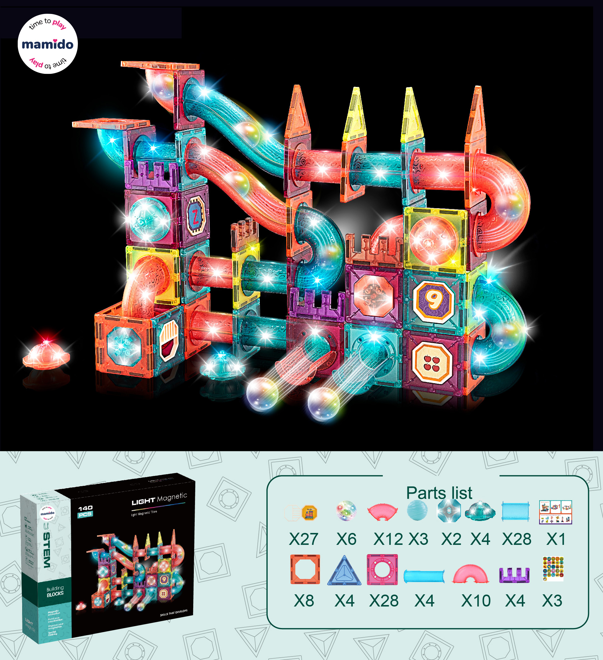 Mamido Mamido Farebná magnetická stavebnica s guľôčkovou dráhou 140 dielov MT1224