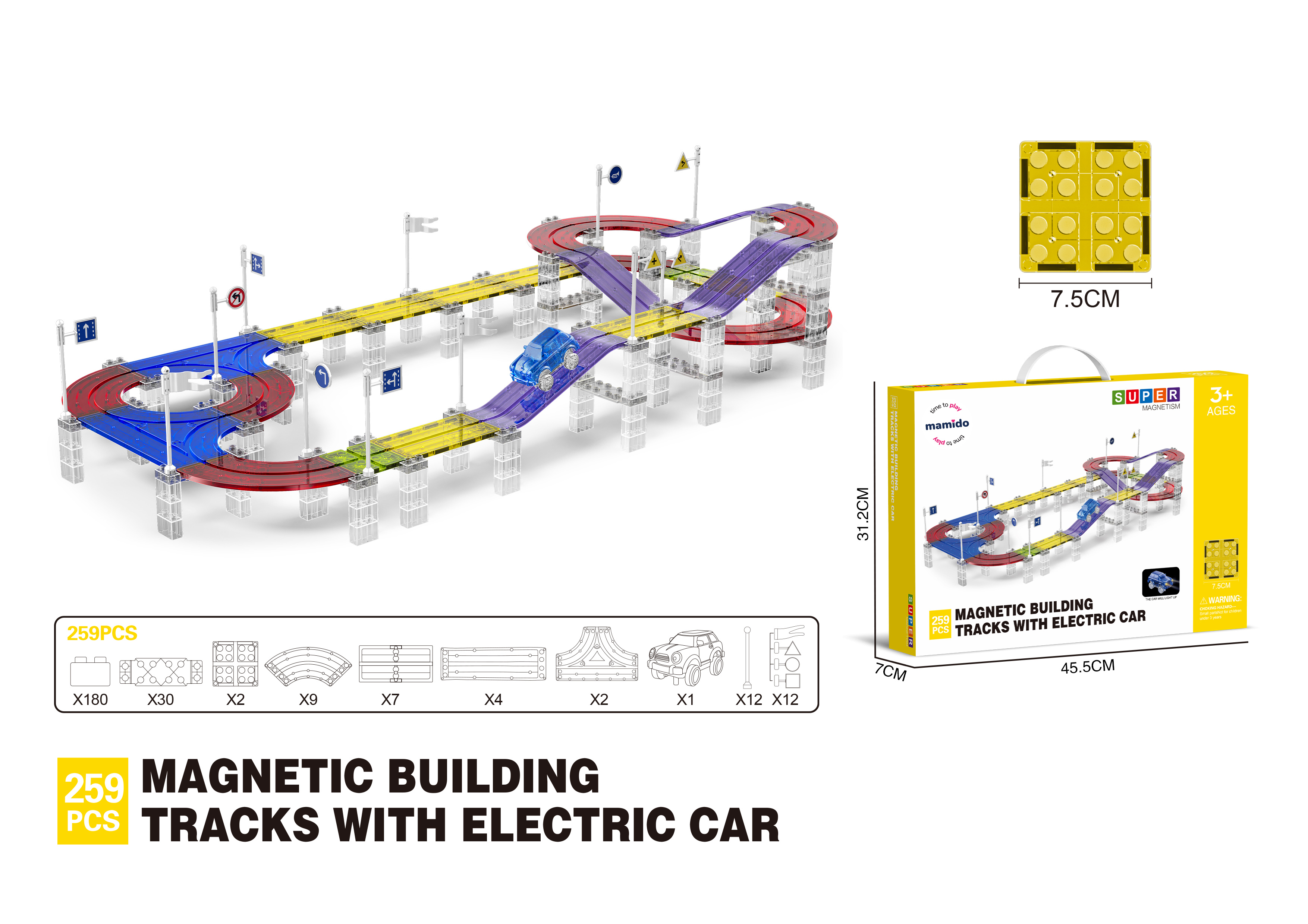 Mamido Mamido Magnetická stavebnica pretekárska dráha s elektrickým autíčkom 259 dielikov XXL MT1469