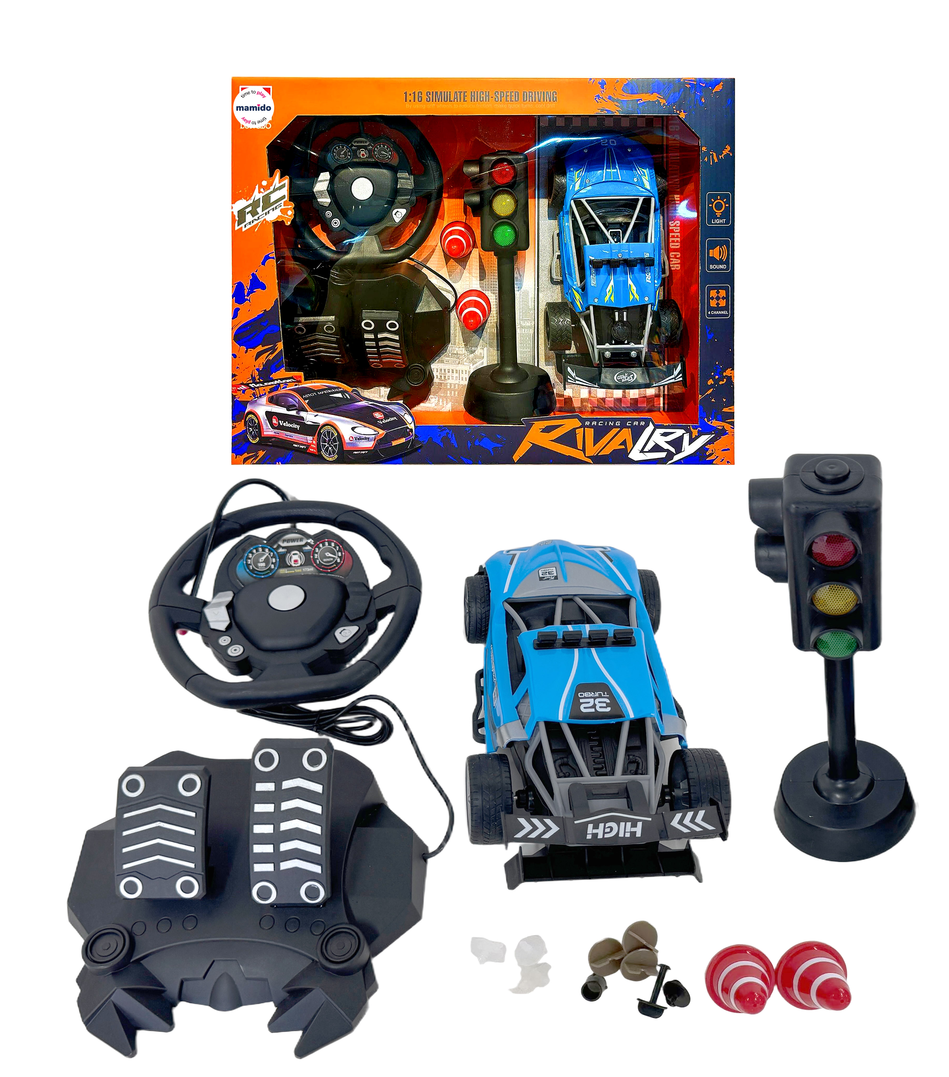 Mamido Mamido Auto na diaľkové ovládanie 1:16 pretekársky model s volantom, pedálmi a semaformi modré MT1345
