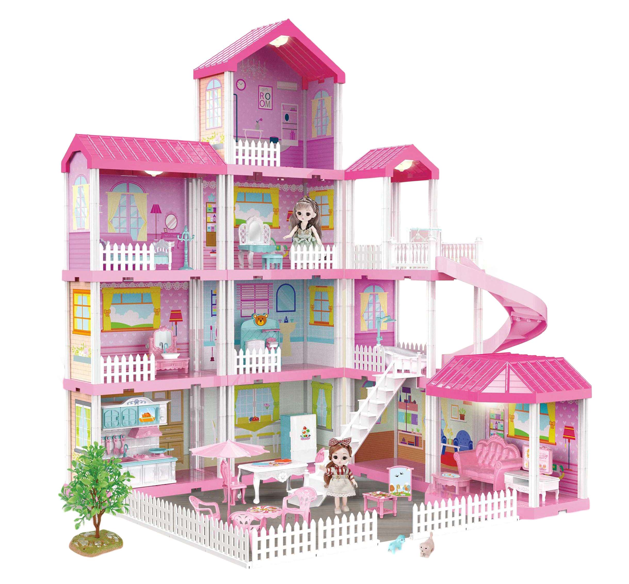 Mamido Mamido Domček pre bábiky so svetlami LED a dvoma bábikami 312 dielikov ružový MT1584