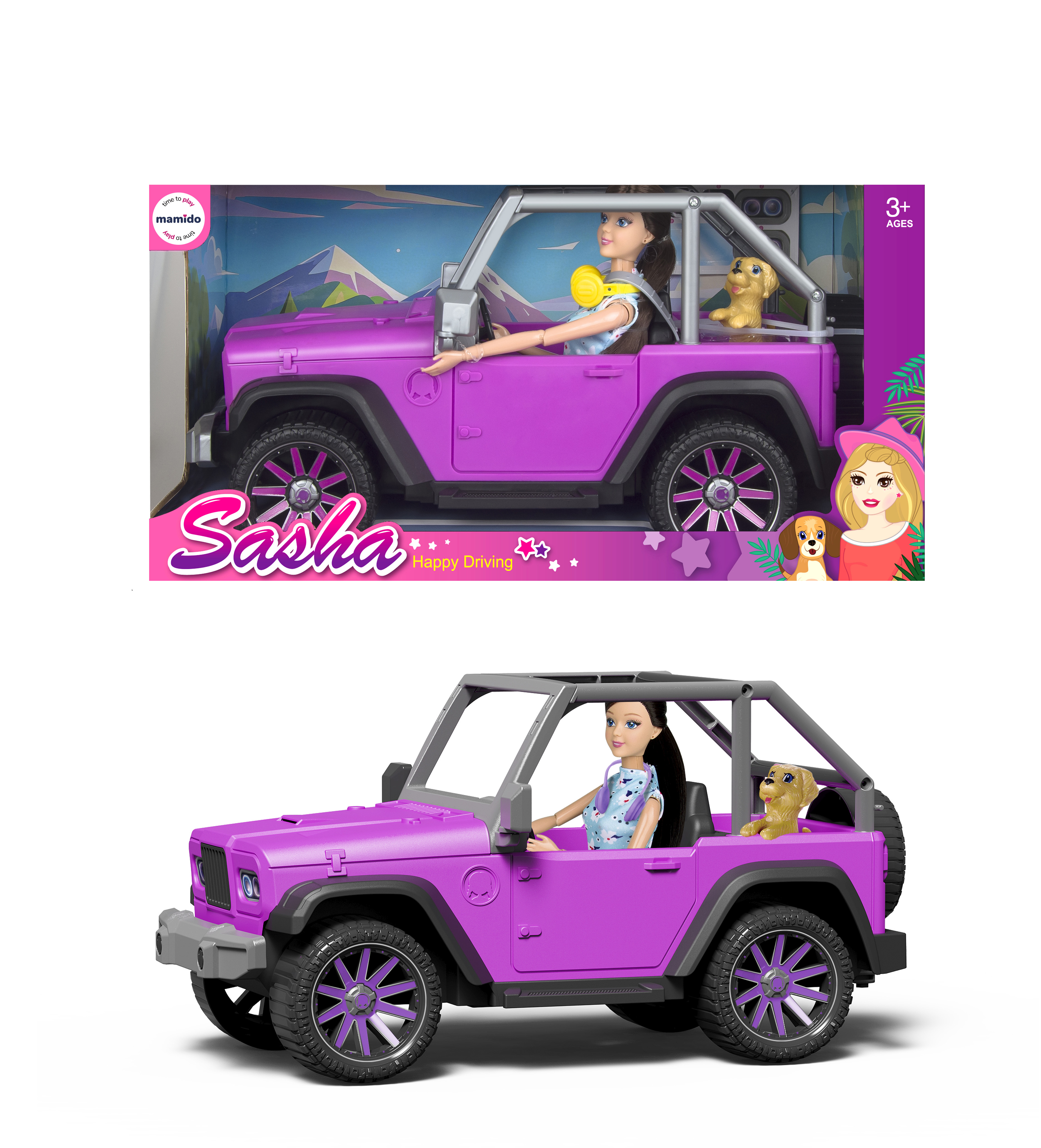 Bábika so psíkom a terénnym autíčkom Sasha 29 cm MT1611