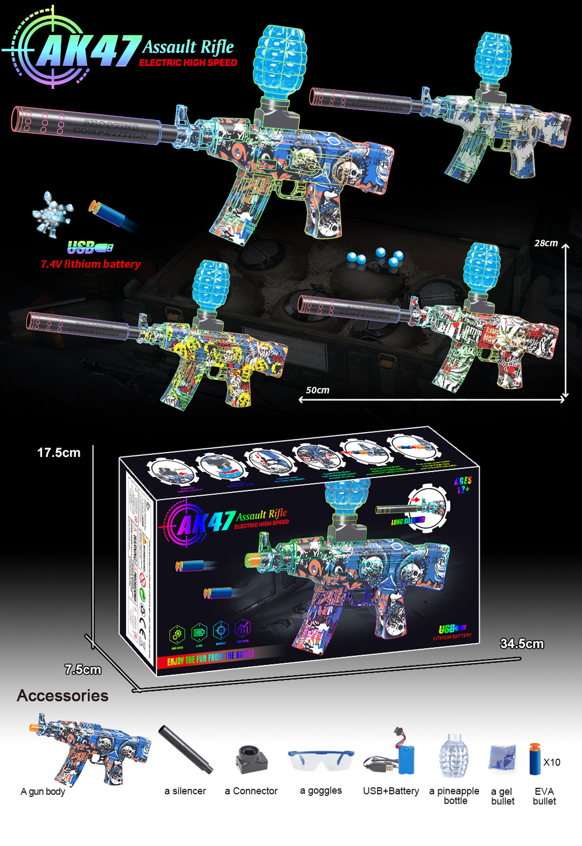 Mamido Mamido Detská automatická puška AK47 2v1 penové náboje a vodné gélové guľôčky MT1604