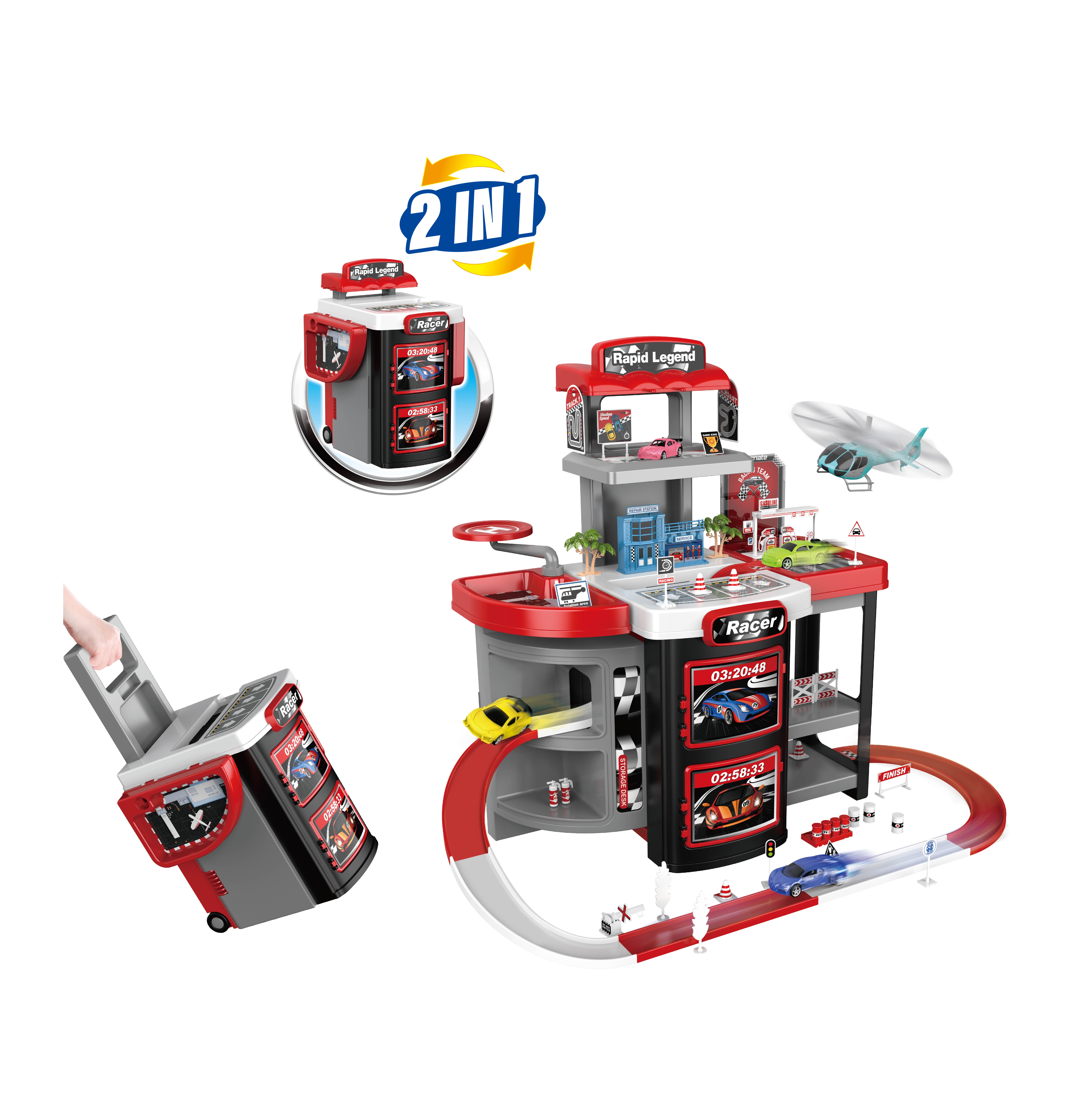 Závodná stanica a prenosný kufrík 2v1 Rapid Legend, viacposchodová garáž, parkovisko MT1622
