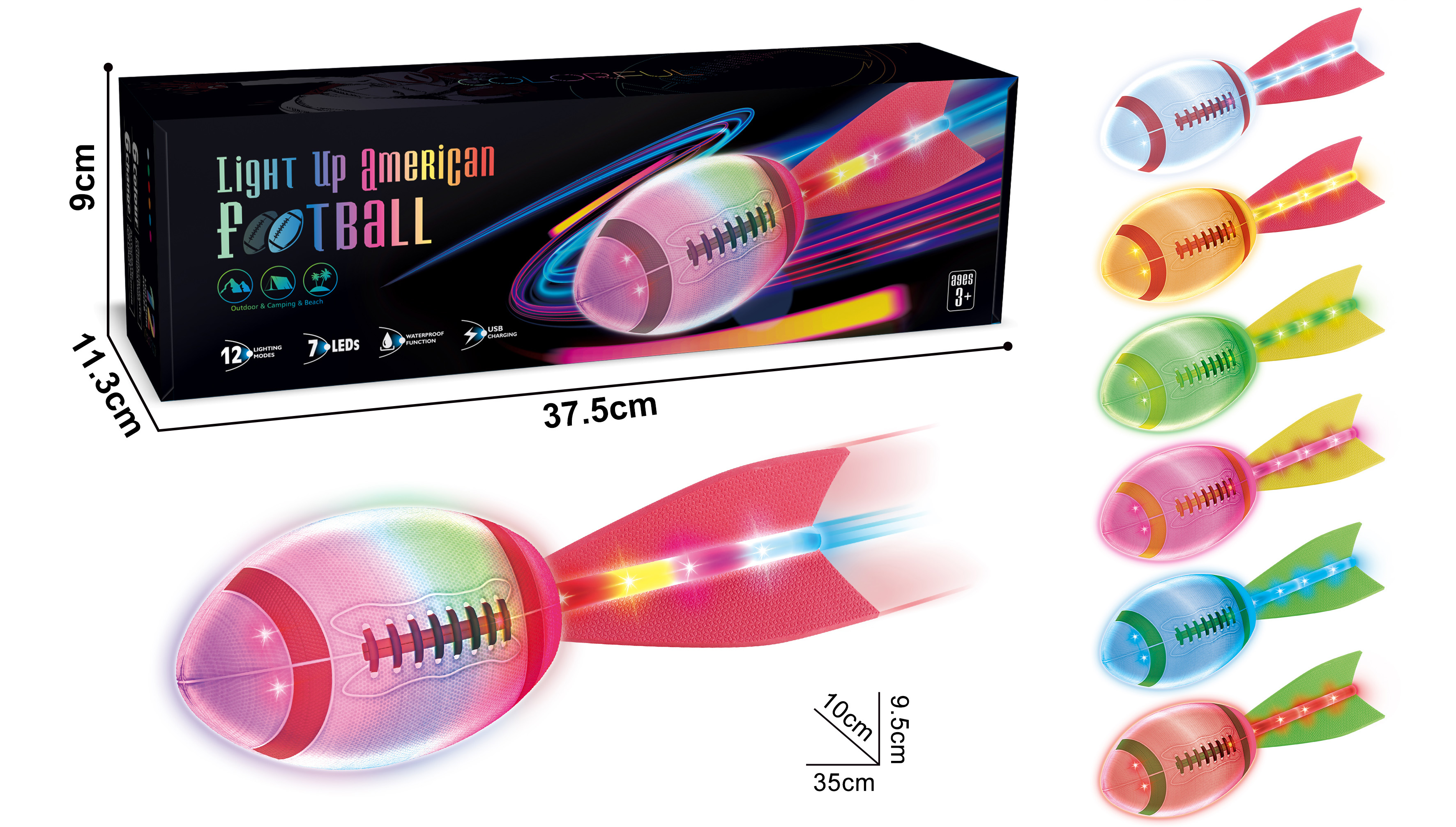Mamido Mamido Farebná svietiaca lopta na americký futbal, ragby s chvostom, 12 svetelných režimov MT1581