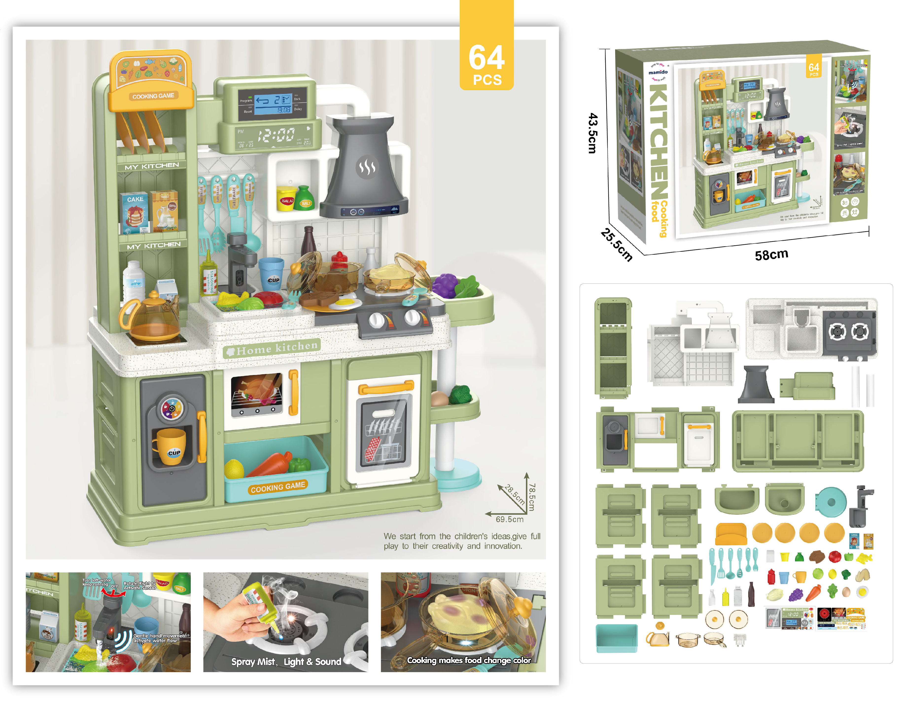 Mamido Mamido Detská kuchynka so svetlom, zvukom a tečúcou vodou 64 dielov zelená