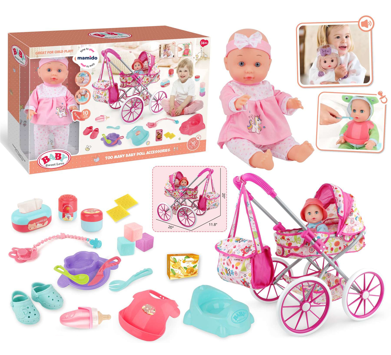 Mamido Mamido Bábika bábätko s kočíkom a doplnkami Baby Sweet Love MT1596