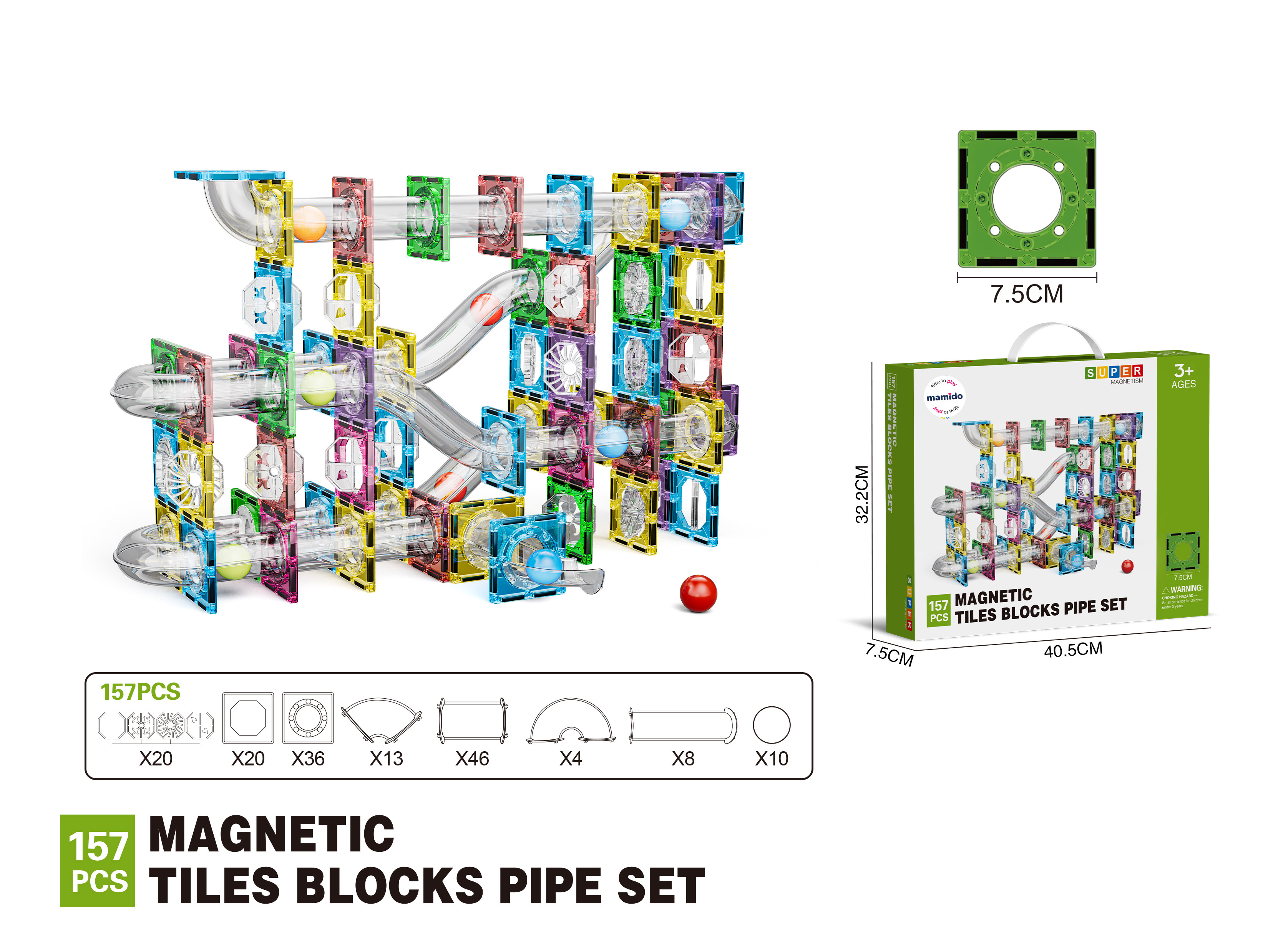 Mamido Mamido Farebná magnetická stavebnica guľôčková dráha 157 dielov MT1468
