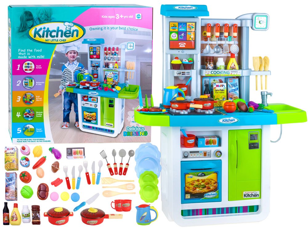 E-shop Detská kuchynka s potravinami a riadom modrá