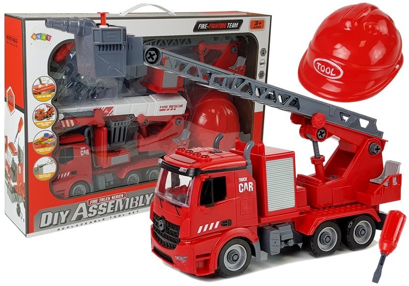 DIY hasičský automobil Kit 2v1 vymeniteľné výťahy skrutkovač zvuk svetelné efekty prilba