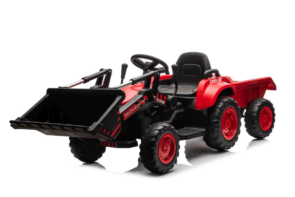 Detský elektrický traktor s radlicou a prívesom červený