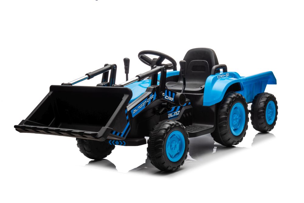 Detský elektrický traktor s radlicou a prívesom modrý