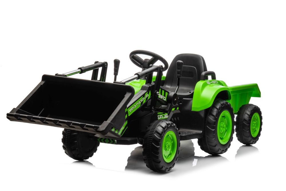 Detský elektrický traktor s radlicou a prívesom zelený