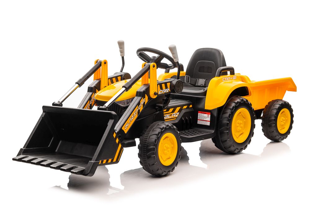 Detský elektrický traktor s radlicou a prívesom žltý