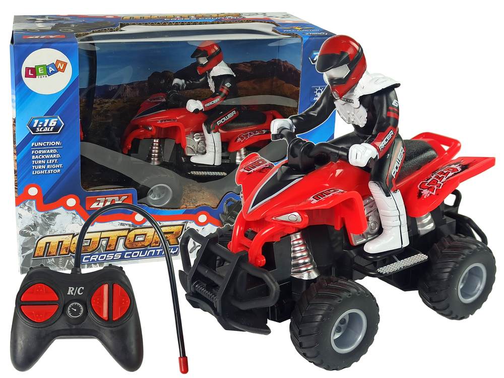 Červené Elektrické autíčko Quad, diaľkovo ovládané na frekvencii 27 MHz, mierka 1:16, poháňané batériami