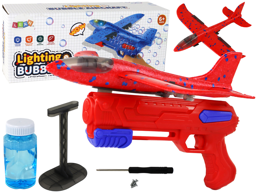 E-shop Červená pištoľ na vystreľovanie bublín v tvare lietadla