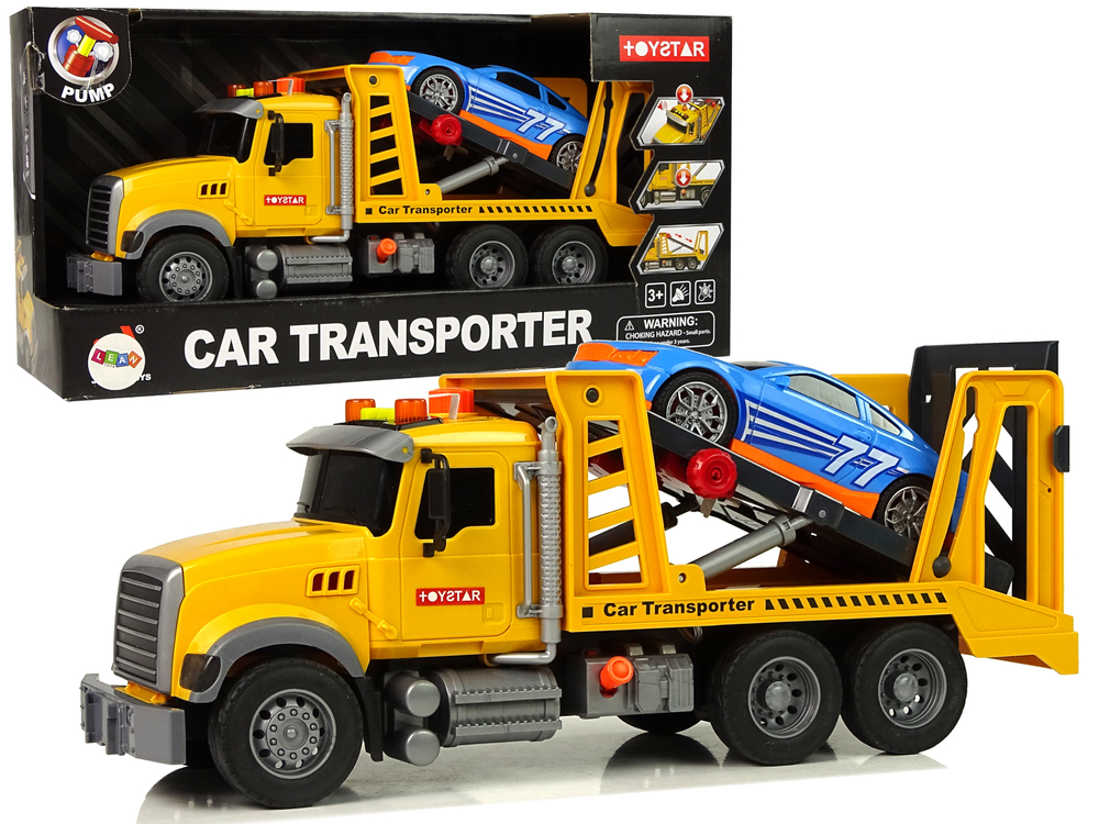 Žltý transportný automobil s pojazdnou rampou, zvukmi a svetlami