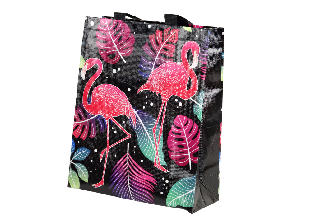 E-shop Darčeková taška s Flamingy Čierna 30,5 cm x 24,5 cm x 10 cm
