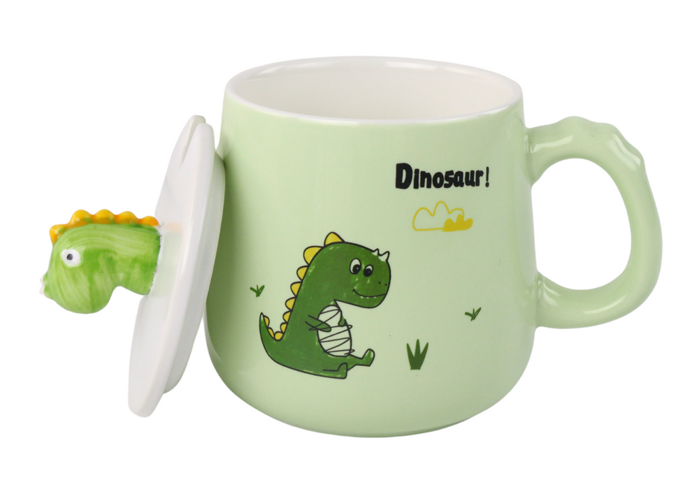 E-shop Keramický hrnček Dinosaurus zelený s pokrievkou a lyžičkou 350ml